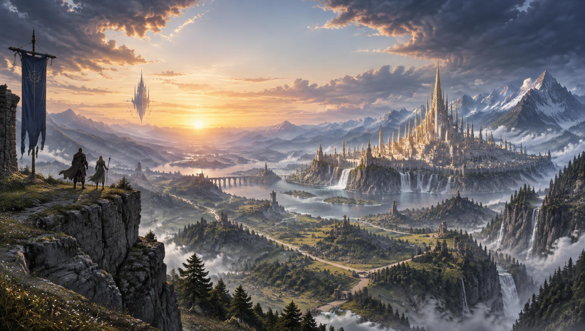 Travelers overlooking the vast realm of Aethara
